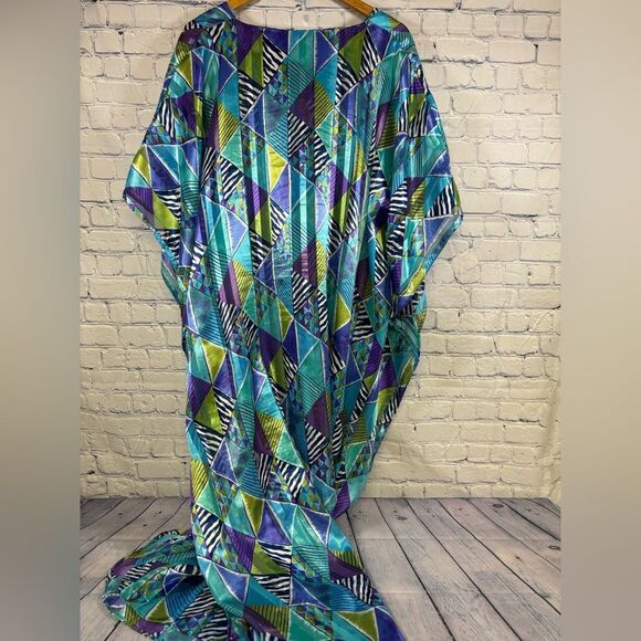 VINTAGE La Chemise USA Blue Purple Retro Kaftan Dress Kimono Colorful Coverup L - Picture 2 of 14